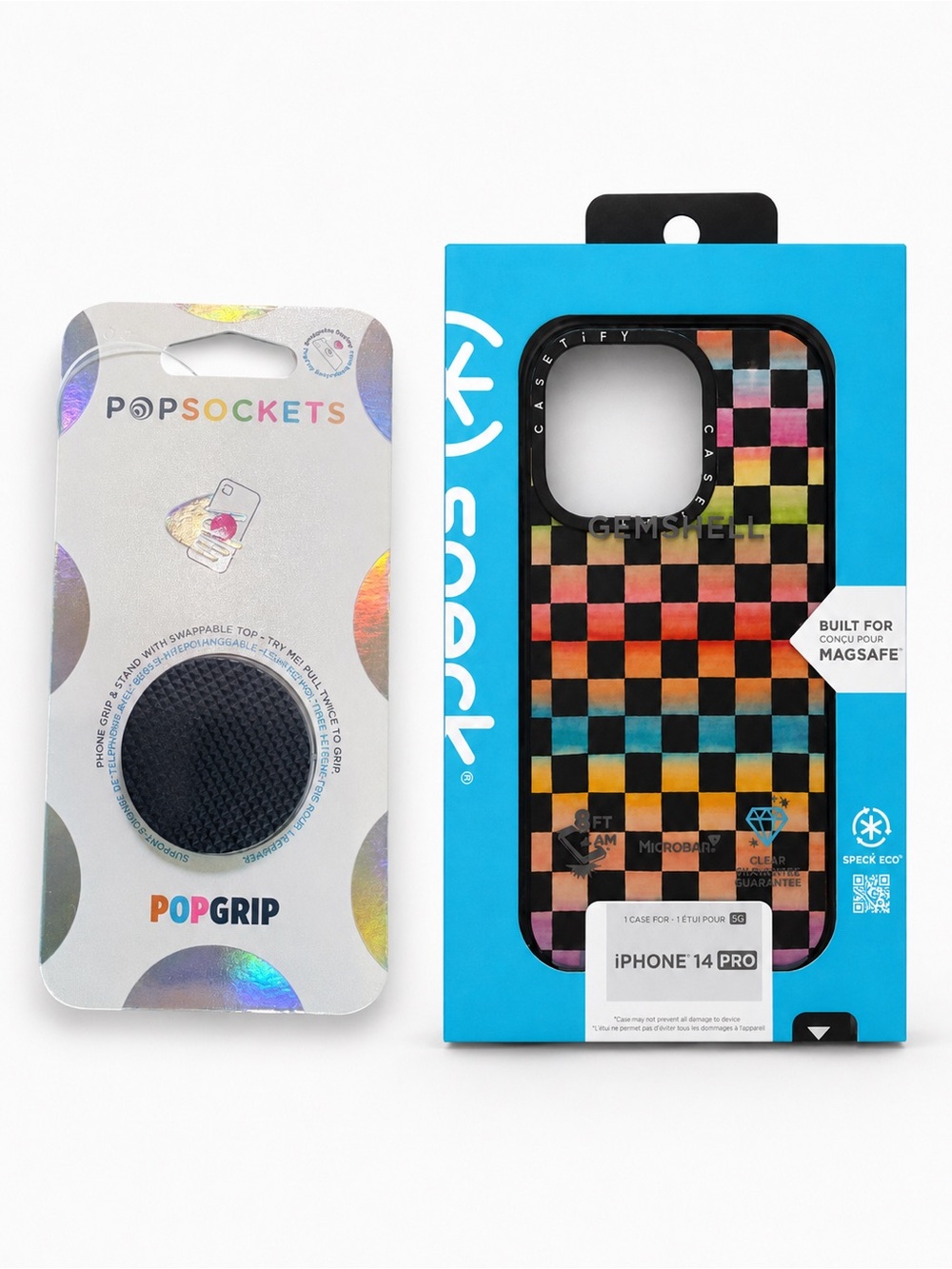 Speck iPhone 14 Pro MagSafe Case + PopSockets PopGrip Bundle Rainbow Checkered